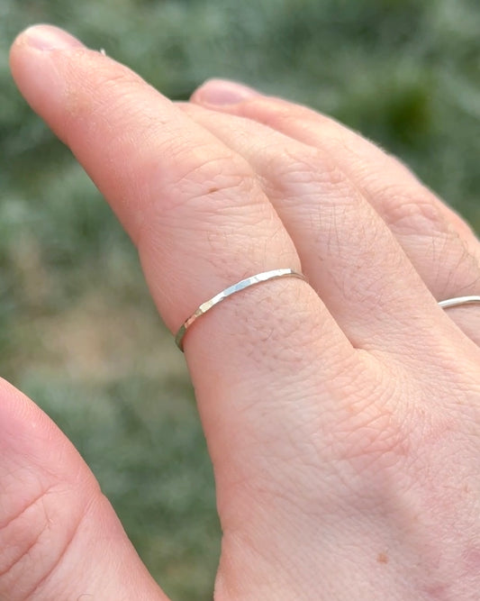 Solid White Gold Ring - Hammered Textured - 1mm Band - 9ct White Gold